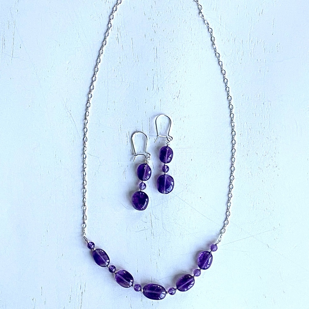 Handcrafted Amethyst and Sterling Silver Necklace and Earrings Set